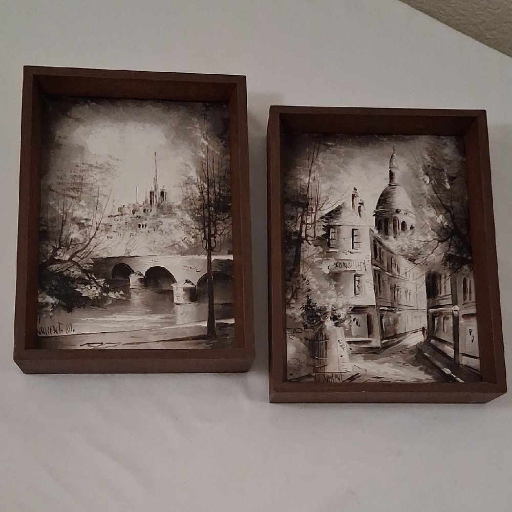 80' Vintage Set of Two Framed Black and White Cityscape Oil Paintings